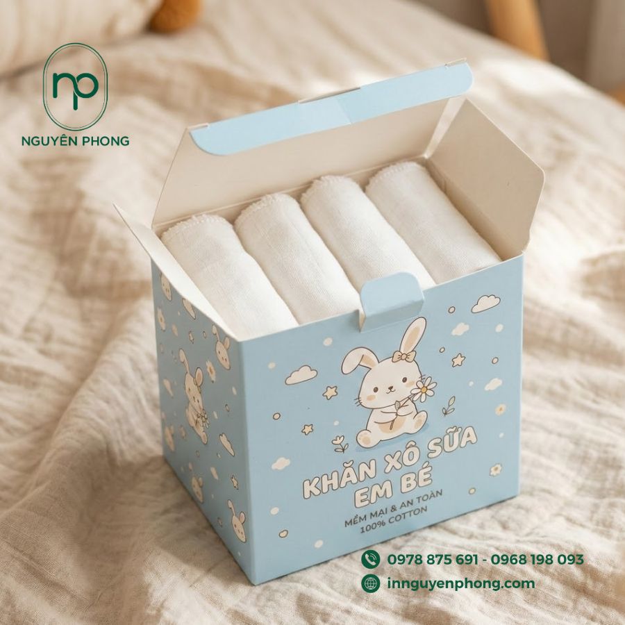 in hộp đựng khăn xô, khăn sữa cho em bé